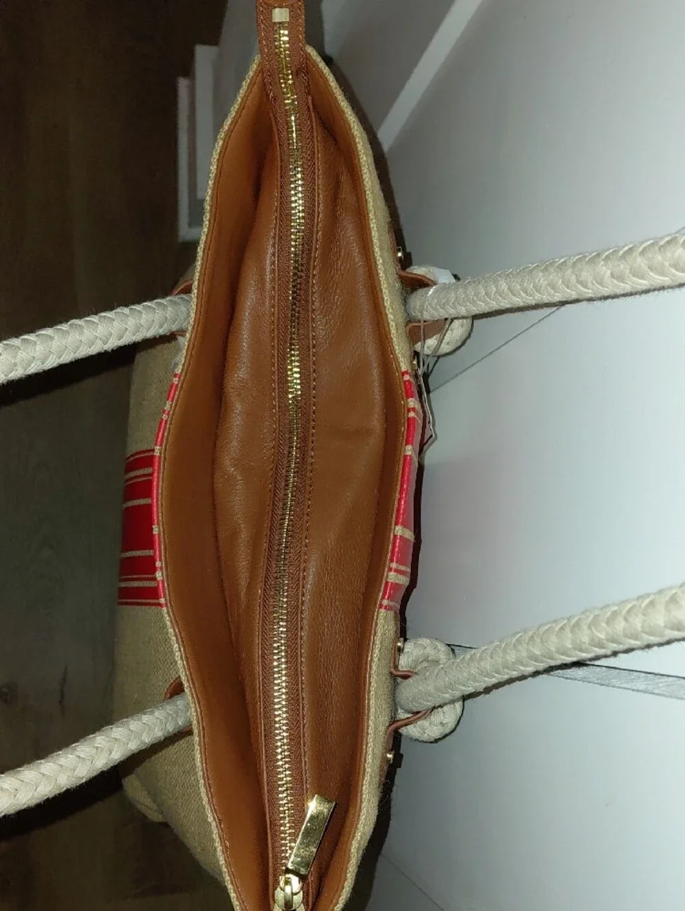 (Rare)Tory Burch Beige Canvas Tote with Red Stripe and Logo